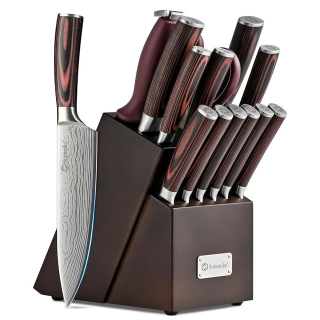 Sunnecko Knife Set with Block and Sharpener, 15 PCS Kitchen Knife Block Set Sharp Kitchen Knives High Carbon Stainless Steel with Pakkawood Handles