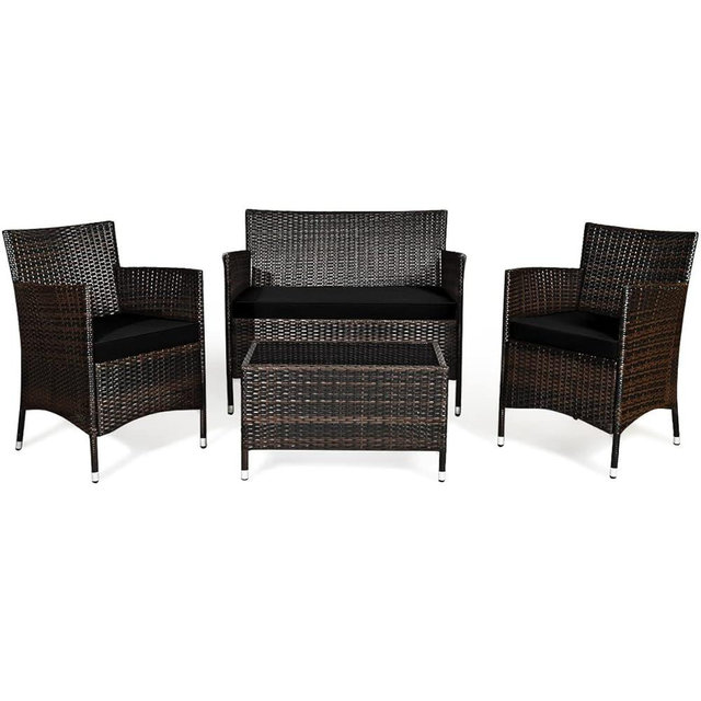 Goplus 4-Piece Rattan Patio Set, Outdoor/Indoor Wicker Conversation Set for Pool, Backyard, Lawn, Wicker Chairs and Sofa with Soft Cushion, Rattan Furniture with Tempered Glass Coffee Table