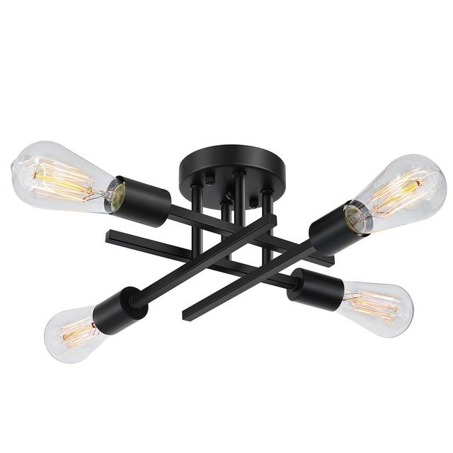 Industrial 4-Light Semi Flush Mount Ceiling Light Fixture, Modern Farmhouse Lighting Matte Black, Rustic Sputnik Chandelier Ceiling Lamp for Kitchen Bedroom Living Room Bathroom Hallway Entryway