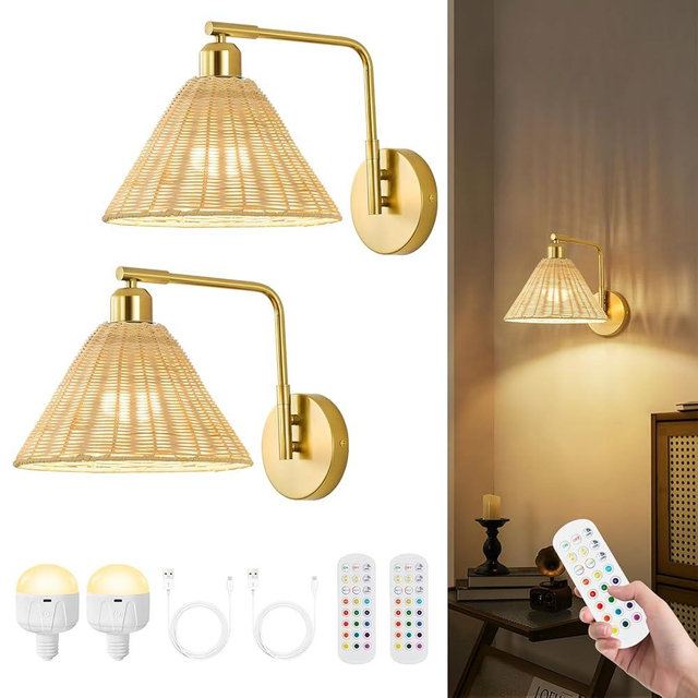 Weaboopre Rattan Rechargeable Wall Sconce Set of 2, Gold Battery Operated Wall Lights with Remote, Hand Woven Boho Sconces Swing Arm Wireless Wall Lamp for Bedroom, Living Room, Hallway Decor