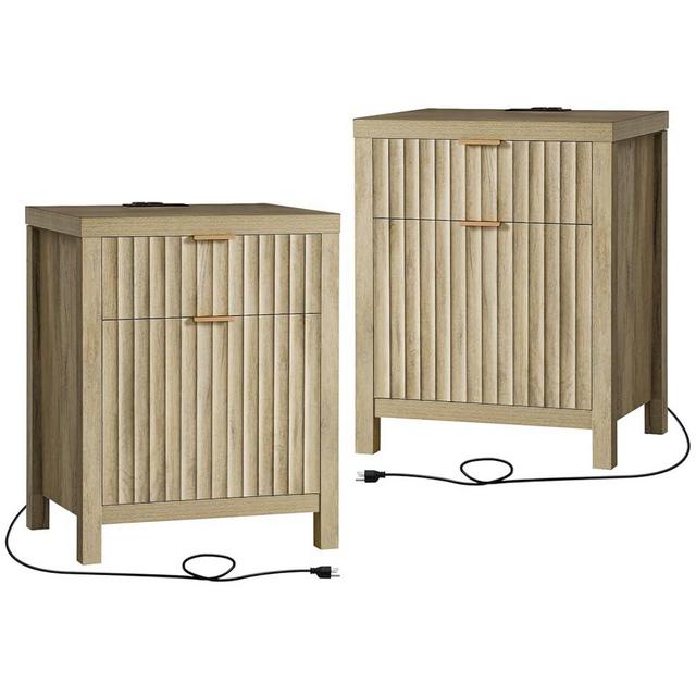 OAKHAM HOME Oxford 2 Drawer Nightstand, End Table with Charging Station, Night Stand with Fluted Panel, Farmhouse Sofa/Bed Side Table Set of 2 (Sunwashed Ash Oak)