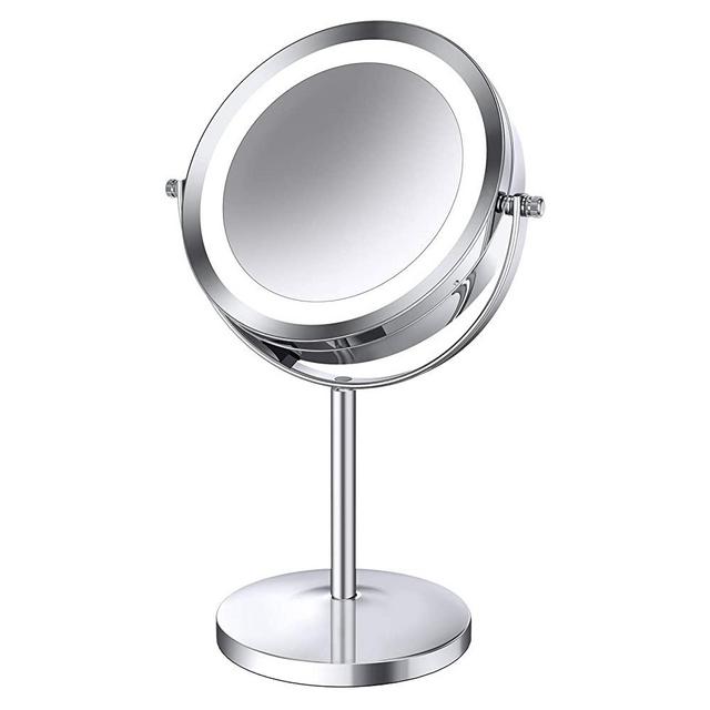 Benbilry Lighted Makeup Mirror - LED Double Sided 1x/10x Magnification Cosmetic Mirror,7 Inch Battery-Powered 360 Degree Rotation Vanity Mirror with On/Off Push-Button (10x Button Switch Mirror)