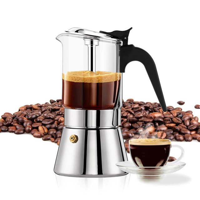 YOLIFE Premium Crystal Glass Top & Stainless Steel Induction Moka Pot, 9 Cup 360ml/ 12.7oz Stovetop Espresso Maker with Pressure Valve, Classic Italian Coffee Maker