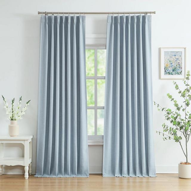 WEST LAKE 90 Inches Length Dusty Blue Pinch Pleated 100 Blackout Curtain Panels with Liners,Linen Textured Drapes for Bedroom Living Room,Energy Efficient Backtab Hooks Window Treatment,40" Wx90 Lx2