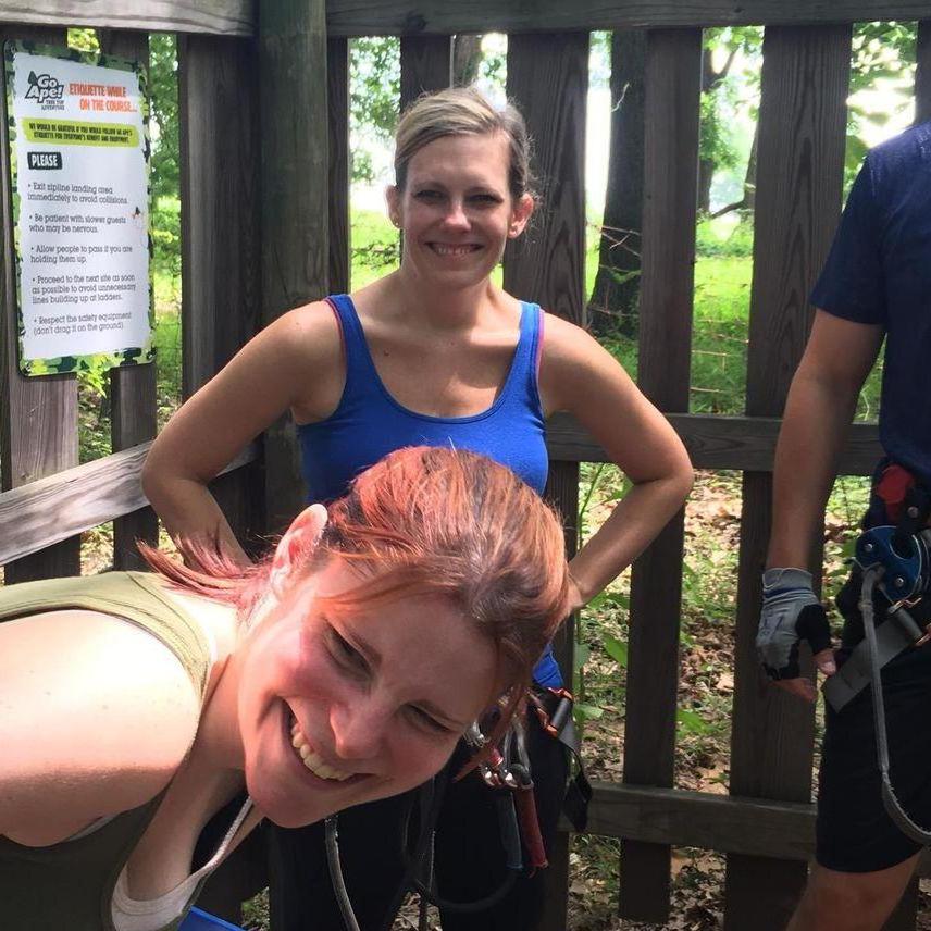Jackie and bridesmaid Andrea preparing to go zip lining at Go Ape in July of 2016