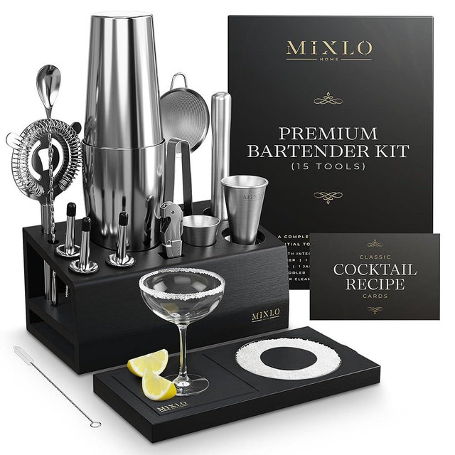 MIXLO HOME Mixology Bartender Kit -15Pcs Bar Set Cocktail Shaker Set w Black Bar Cart Accessories Stand - Shakers Bartending Silver Tools, 24oz Shaker, 17 Recipe Cards, Martini Barware