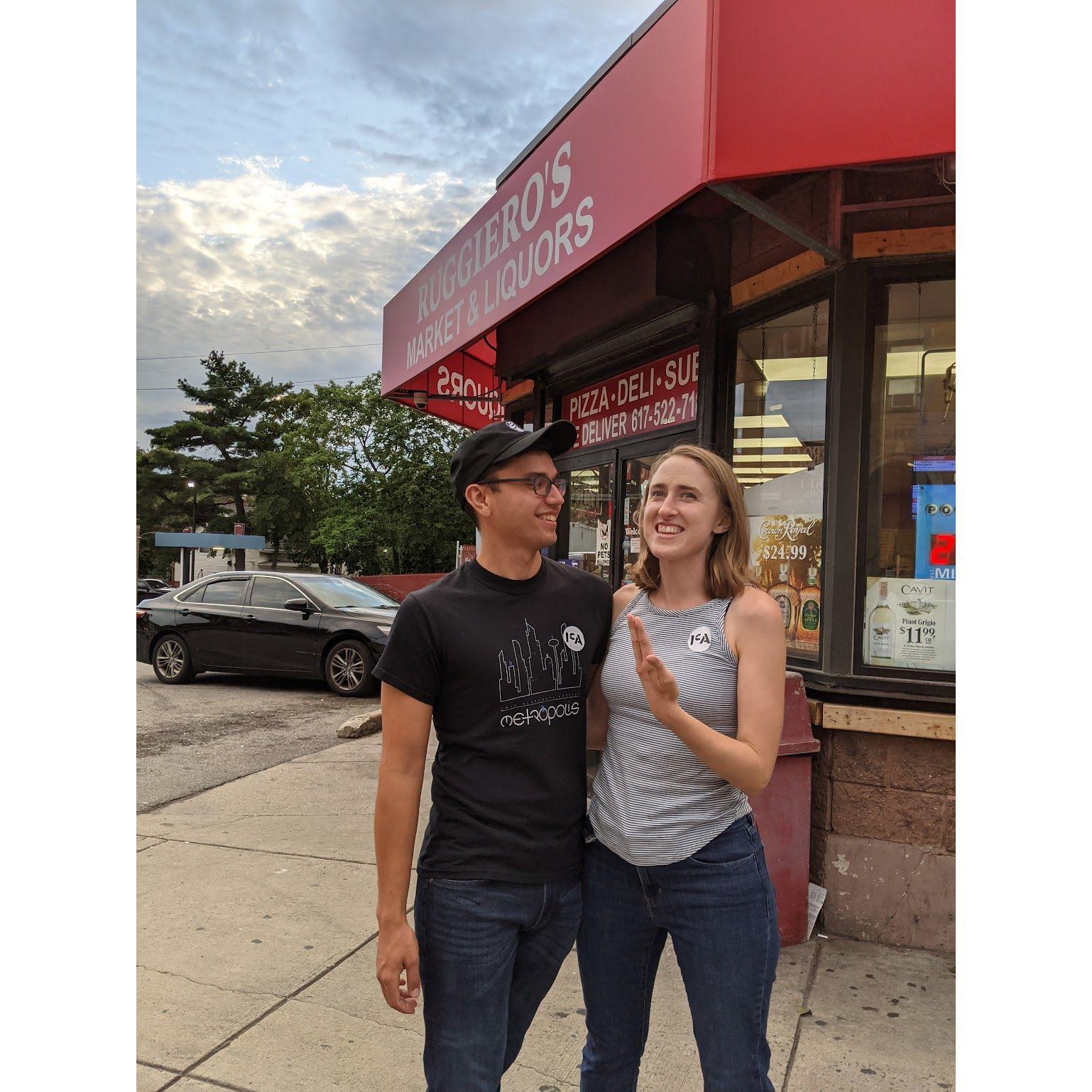 Outside Ruggerio's, a very important convenience store / diner in our love story.