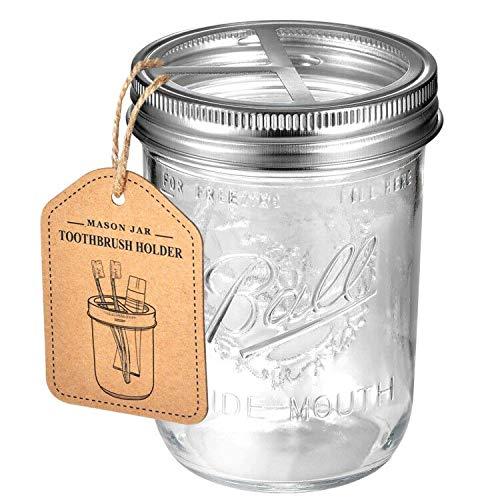 Mason Jar Toothbrush Holder - Brushed Nickel - with 16 ounce Ball Mason Jar,Premium Rustproof 304 Stainless Steel Lid and Chalkboard Labels - Rustic Farmhouse Decor Black Bathroom Accessories
