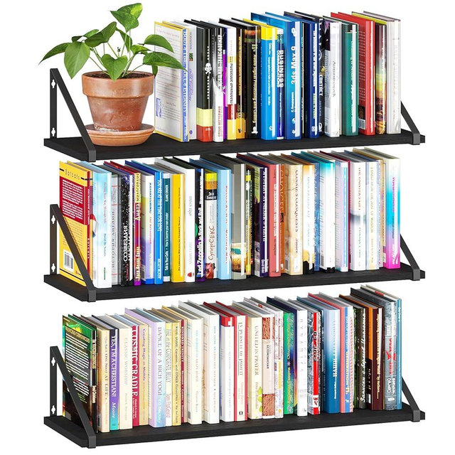 BAMEOS 24X8 Floating Shelves Rustic Wood Wall Shelf Set of 3,Bookshelf for Living Room, Office, and Bedroom, with Metal Bracket…