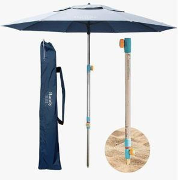 Handy Beach Umbrella & Anchor System, Large 7ft Silver Coated UPF 55 Canopy, 10 Second Installation, Wind Resistant, Durable, Lightweight, Comfortable Dual Pocket Bag Included