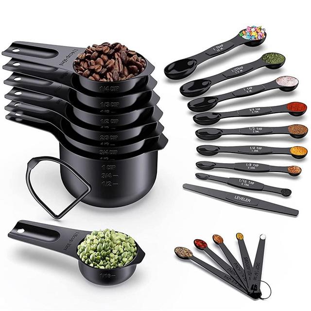 Wildone 21 Piece Black Measuring Cups & Spoons, Includes 7 Stainless Steel Measuring Cups, 8 Double Sided Measuring Spoons, 1 Leveler & 5 Mini Spoons
