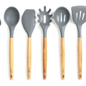 Lively Home Goods 7-Piece Premium Silicone Kitchen Cooking Utensils Set with Bamboo Handle for Nonstick Cookware, Grey