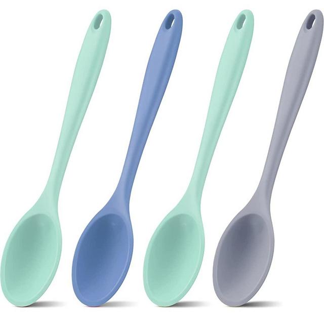 4 Pieces Large Silicone Mixing Spoon Heat Resistant Silicone Basting Spoon Utensil Spoon Non Stick Serving Spoon for Mixing, Baking, Serving (Blue, Gray, Green)