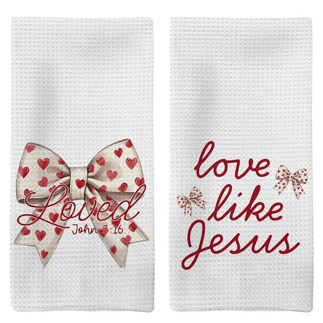 Tzhim Christian Valentine's Day Kitchen Towels Set of 2, John 3:16 Valentines Hand Towels, Bible Verse Red Heart Dish Towels Dishcloths Tea Towels, Valentine's Day Kitchen Bathroom Decor, 16x24 Inch
