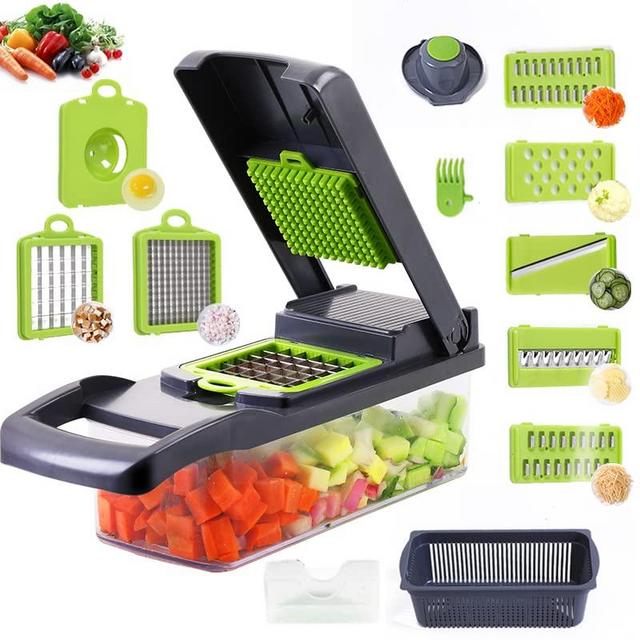 Vegetable Chopper Multifunctional 10 in 1 Food Choppers Onion Chopper Vegetable Slicer Cutter Dicer Veggie chopper with 7 Blades,Colander Basket,Container for Salad Potato Carrot Garlic