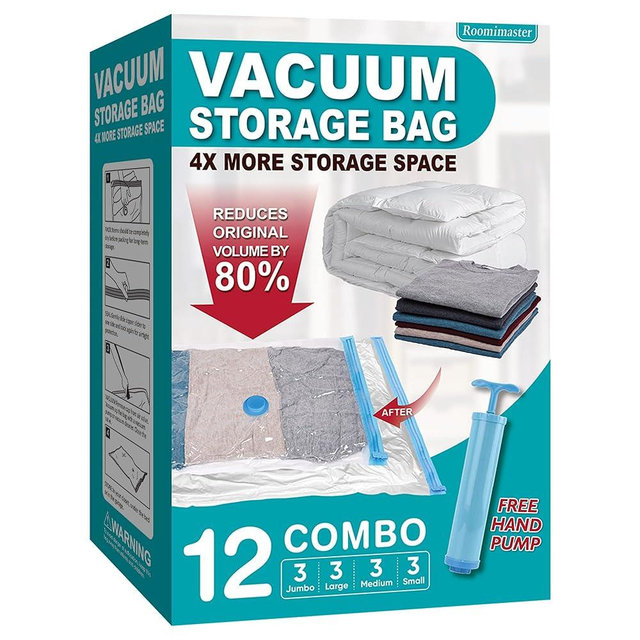 12 Combo Vacuum Storage Bags (3 Jumbo/3 Large/3 Medium/3 Small), Space Saver Bags Vacuum Seal Bags with Pump, Space Bags, Vacuum Sealer Bags for Clothes, Comforters, Blankets, Bedding