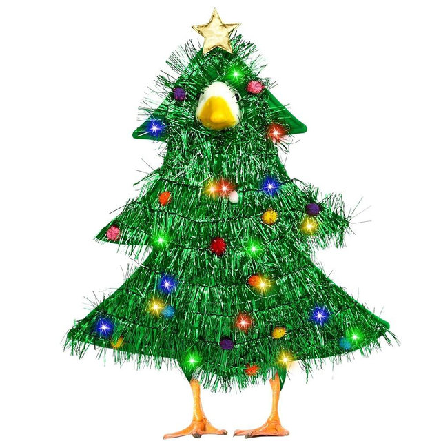 EKOREST Christmas Lighted Porch Goose Outfits for 23 Inch Lawn Statue, Xmas Tree Shape Costume with Colorful Lights for Plastic/Cement Statue, Duck Sculpture Clothes for Yard Patio Winter Decoration