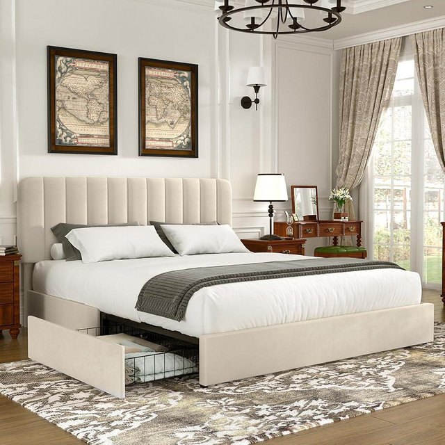 VECELO Queen Size Upholstered Bed Frame with 4 Drawers and Headboard, Velvet Platform Storage Bedframe, Wooden Slats Support, No Box Spring Needed,Bone Beige