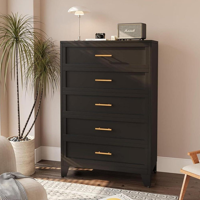 risuoge 53.54" Tall Metal Dresser for Bedroom, 5 Drawer Black Closet Dressers Chests, Modern Storage Organizer Unit, Large Storage Space Drawer Storage Cabinet for Living Room, Entryway, Hallway