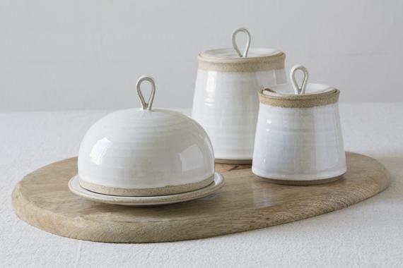 Rustic Kitchen Canister, Sugar Bowl and Butter Dish Set, 3 Piece set