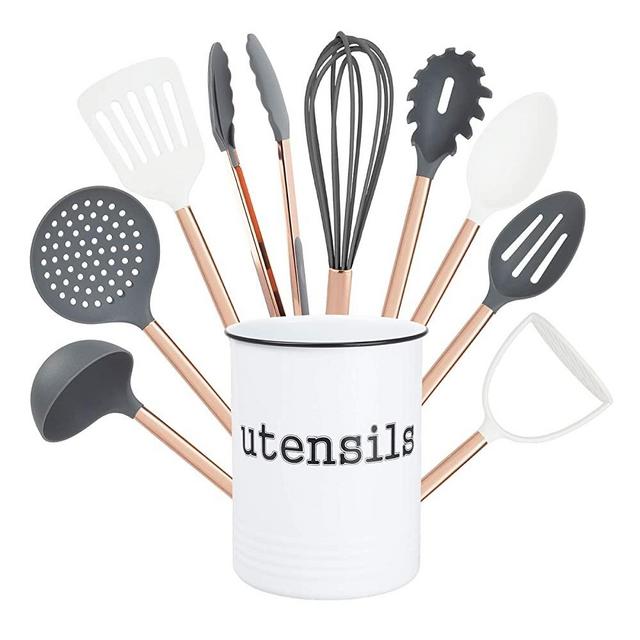 Cook With Color 10 Piece Nylon Cooking Utensil Set with Holder, Kitchen Tools and Gadgets with Rounded Copper Handles - Gray and White
