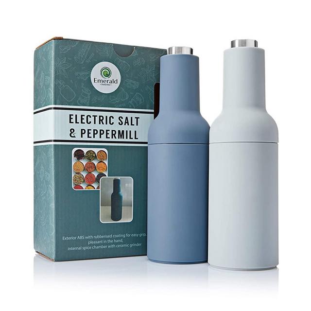 Electric Salt and Pepper grinder set, Bottle Style, Automatic, Gravity activated, Battery Operated, Refillable, (Blue & Light Blue)