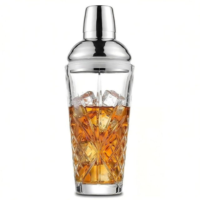18.5oz Crystal Cut Glass Cocktail Shaker with Built-in Jigger, #304 Steel Lid with 3 Measurements, Lead-Free & Dishwasher Safe Martini Shaker for Home Bar，Bright your Bar Cabinet