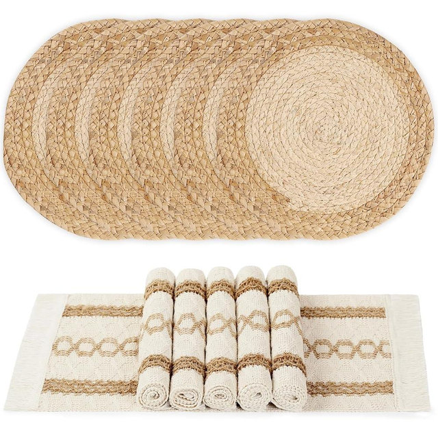 YANGQIHOME Boho Placemats Set of 6, Farmhouse Rustic Woven Placemats for Dining Table Decor, Handmade Braided Place Mats in Natural Cotton Jute and Water Straw for Kitchen Table