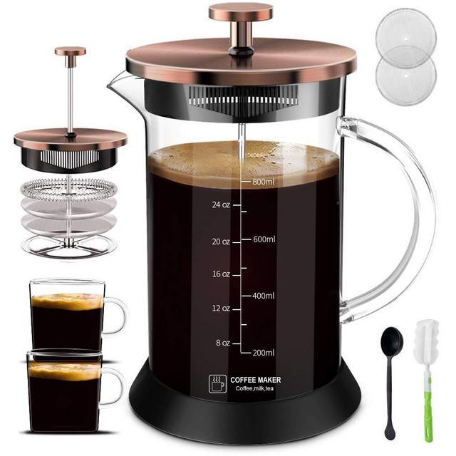Upgraded French Press Coffee Maker Glass 34oz, French Coffee Press with Glass handle and non-slip silicone base Precise Scale Easy to Clean Durable Heat Resistant Copper