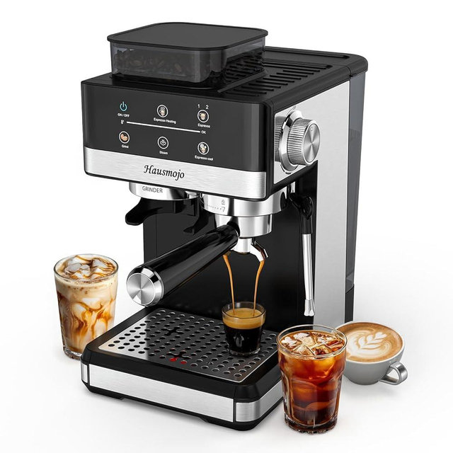 Hausmojo GrindPro 20Bar Espresso Machine with Built-In Grinder & Milk Frother, Compact Stainless Steel Coffee Maker for Latte & Cappuccino, Easy Control & Easy Clean, Perfect for Home Use