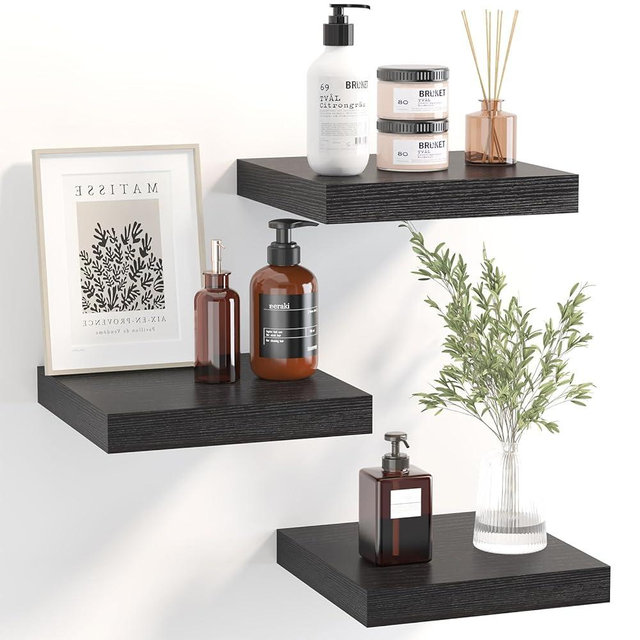 Fixwal Floating Shelves for Wall, Small Black Shelves Wall Mounted Shelf for Bathroom, Living Room, Bedroom, Kitchen Decor (Set of 3, 8x8)