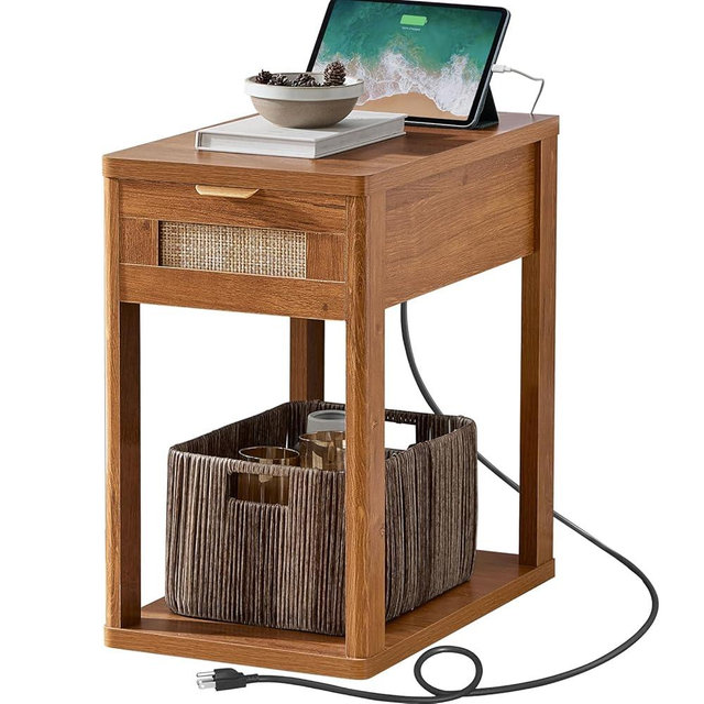 LEYAOYAO Narrow Side Table with Charging Station, 24x14''Rattan Night Stand with Drawer Storage, Brown Bedside End Table with Metel Handle for Small Spaces Wood Boho Nightstand for Living Room Bedroom