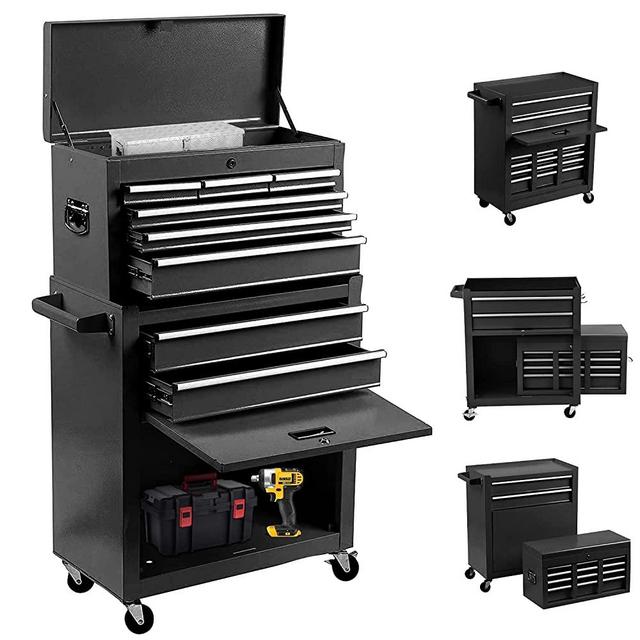 8-Drawer Rolling Tool Chest 2 in 1 High Capacity Tool Box Detachable Organizer Tool Storage Cabinet with 4 Wheels & Lockable Lined Drawers for Garage Warehouse Workshop (Black)