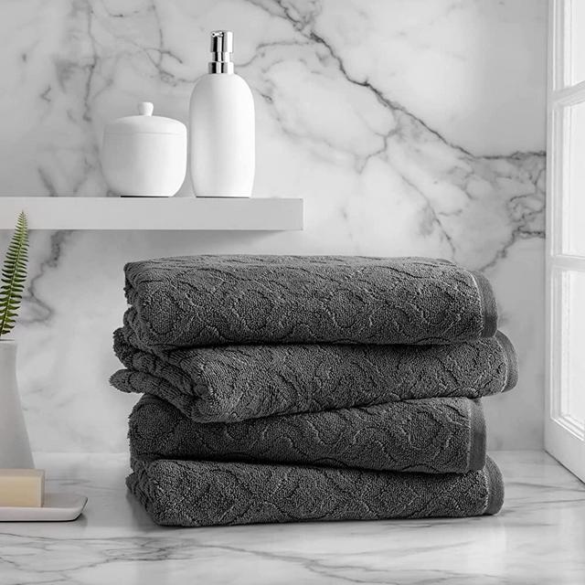 Welhome Athena Cotton Poly Luxurious 4 Piece Bath Towels | Charcoal | Textured | Highly Absorbent | Soft & Fluffy | 600 GSM | Machine Washable