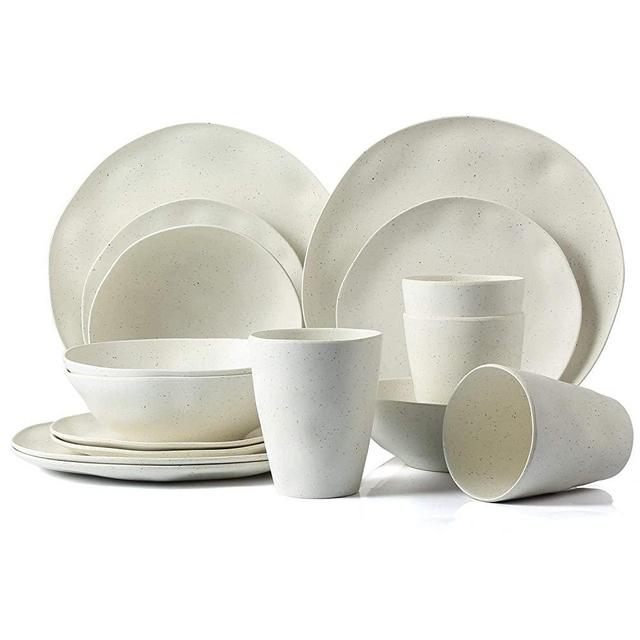 Lekoch Eco-friendly Bamboo Dinnerware Set for 16 Pieces,Dinner Plate& Salad Plate& Cup &Soup Bowl for Camping,RV,BBQ,Picnic,Home,Mother's Day Gift-Rich White