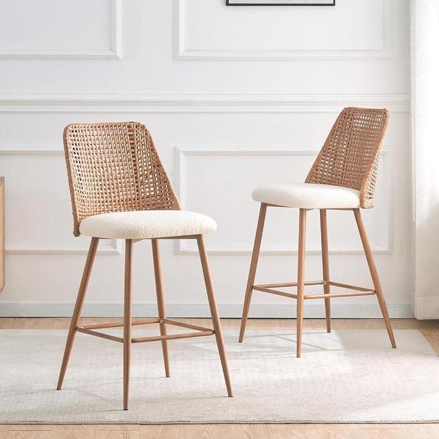 YLKHOME Rattan Counter Height Bar Stools Set of 2, 26" Boucle Fabric Upholstered Barstools with PE Rattan Cane Back, Bar Chairs Counter Stools for Kitchen Island,Beige White