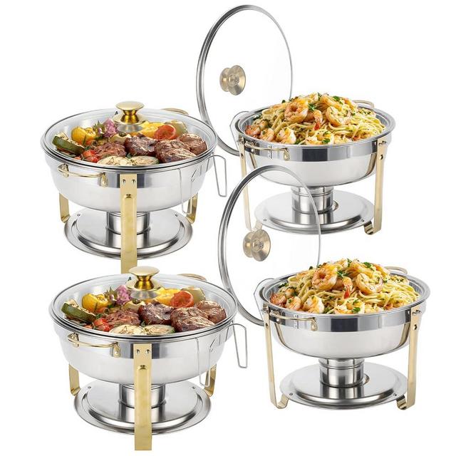 Amhier 5 Qt Chafing Dish Buffet Set with Visible Glass Lid and Holder, Stainless Steel Round Chafers and Buffet Warmers Sets with Food and Water Trays for Catering, Parties and Weddings, Gold, 4 Pack