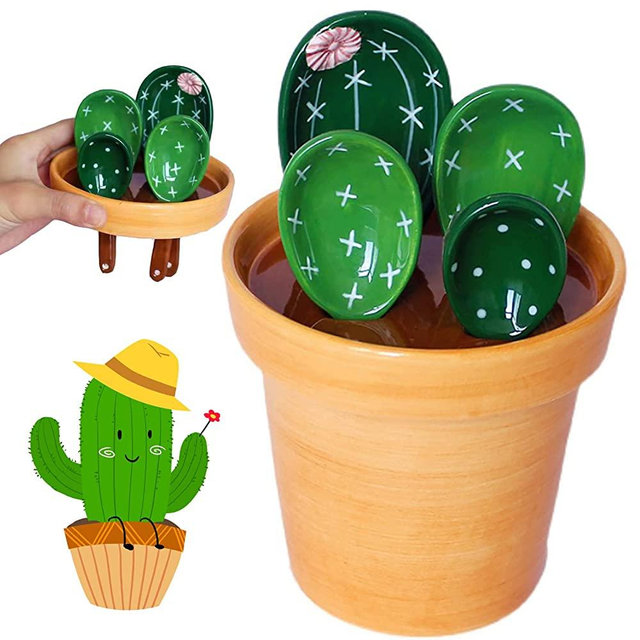 Cactus Measuring Spoons and Cups Set, Cute Ceramic Measuring Spoons, Baking Cacti Measuring Spoon with Holder for Milk Powder Sugar Salt Wet Dry Ingredients, Kitchen Home Small Decorations Ornaments