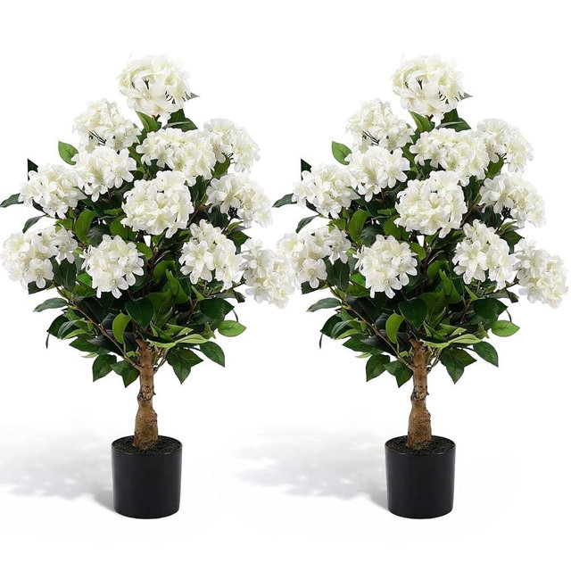Lunmon 2 Pack 3ft Artificial Hydrangea Tree Faux Hydrangea Plants Indoor Outdoor Fake Flower Trees with Cement Base Pot Real Touch Plant Decoration for Home Garden Office Housewarming Wedding(White)