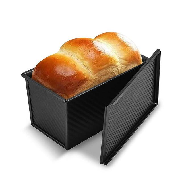 KITESSENSU Pullman Loaf Pan with Lid, 1 lb Dough Capacity Non-Stick Bakeware for Baking Bread, Carbon Steel Corrugated Bread Toast Box Mold with Cover for Baking Bread, Black