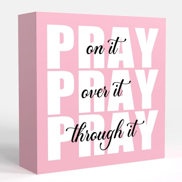 Krollma Pink Office Desk Accessories Decor Sign, Pink Dorm Room Decor for Women, Pink Bathroom Decor, Inspirational Christian Gifts for Women Boss, Pray on it Wooden Sign Bible Verse Wall Art Decor