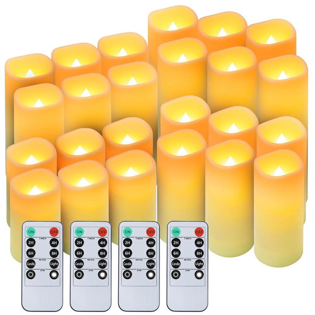 crowm Waterproof Flickering Flameless Candles, Battery Operated LED Pillar Votive Candles with Remote & Timer, Ivory Outdoor Electric Fake Candles, D2.2 x H4” 5" 6" 7", Set of 24
