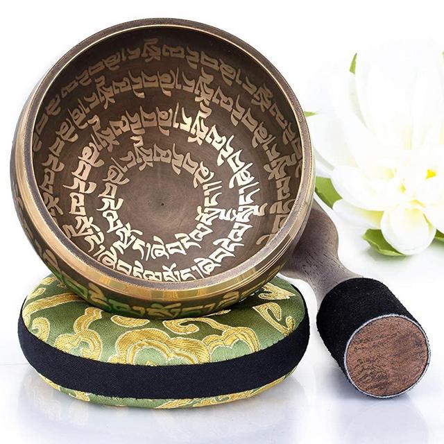 Silent Mind ~ Tibetan Singing Bowl Set ~ Peace Mantra Design ~ With Dual Surface Mallet and Silk Cushion ~ Promotes Peace, Chakra Healing, and Mindfulness ~ Exquisite Gift (Brass)