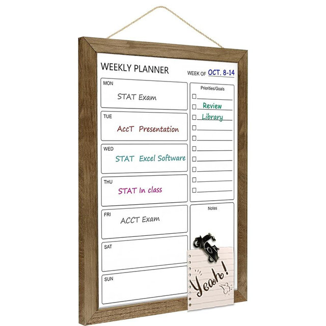 Dry Erase White Board Weekly Calendar Board, Magnetic Whiteboard for Wall,10.6“x14.7 Solid Wood Rustic Brown Framed Message Board, Planner Board for Office, Home, Schooll(Weekly-BB-RB-2737)
