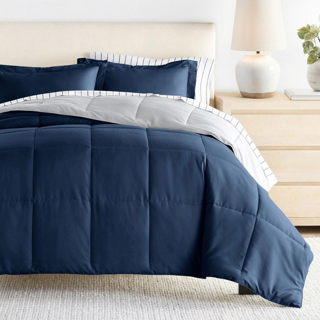 7PC Bedding Bundle, Reversible Solid Comforter and Patterned Sheet Set - Becky Cameron, Distressed Field Stripe Navy / Light Gray, Full