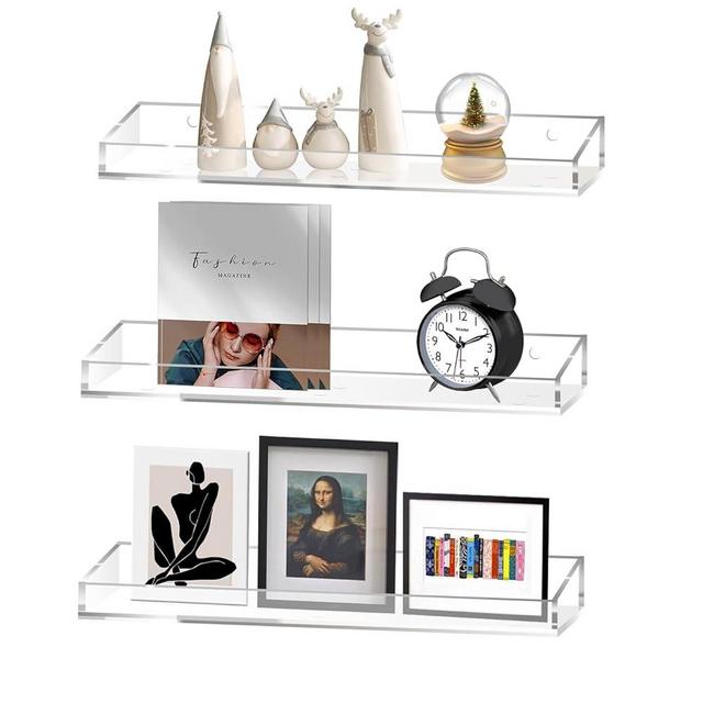 KSacry Clear Acrylic Shelves for Wall Storage, 3PCS 15" Floating Shelves Wall Mounted, Kids Bookshelf, Display Ledge for Bedroom, Living Room, Bathroom, Kitchen,