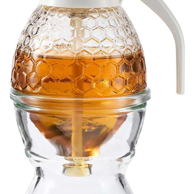 PAULSWAY Glass Honey Dispenser - White Lid - 8 Oz Glass Honey Container - Beautiful Honeycomb Shaped Pot and Syrup Dispenser - Honey Jar with Lid