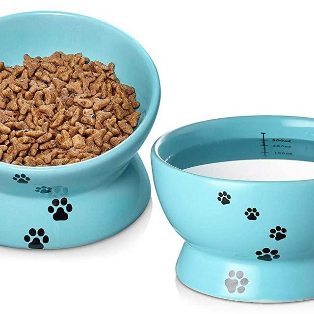 Y YHY Raised Cat Food and Water Bowl Set, Tilted Elevated Cat Food Bowls No Spill, Ceramic Cat Food Feeder Bowl Collection, Pet Bowl for Flat-Faced Cats and Small Dogs, Set of 2