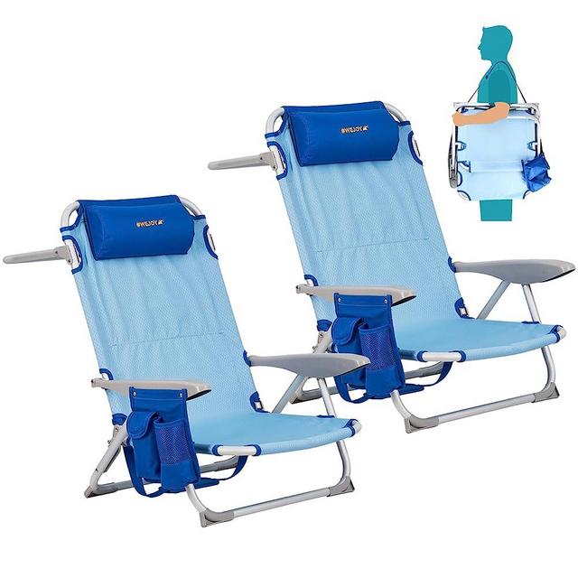 #WEJOY 2 Pack Reclining Lightweight Beach Chair, 4-Position Aluminum Folding Beach Chairs for Adults with Headrest Carry Strap Cup Holder Side Pocket for Outdoor Camping Lawn