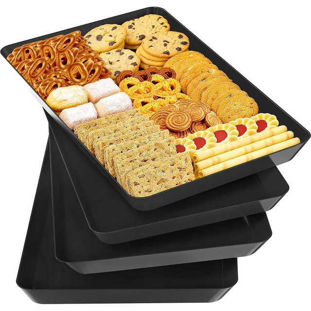 SpaceTrove 4-Pack Serving Tray Set, Reusable Plastic Serving Platter for Party Supplies, Entertaining, Grilling Accessories, Stackable Kitchen Snack Box Container for Dessert, Fruit, Cookie, (Black)
